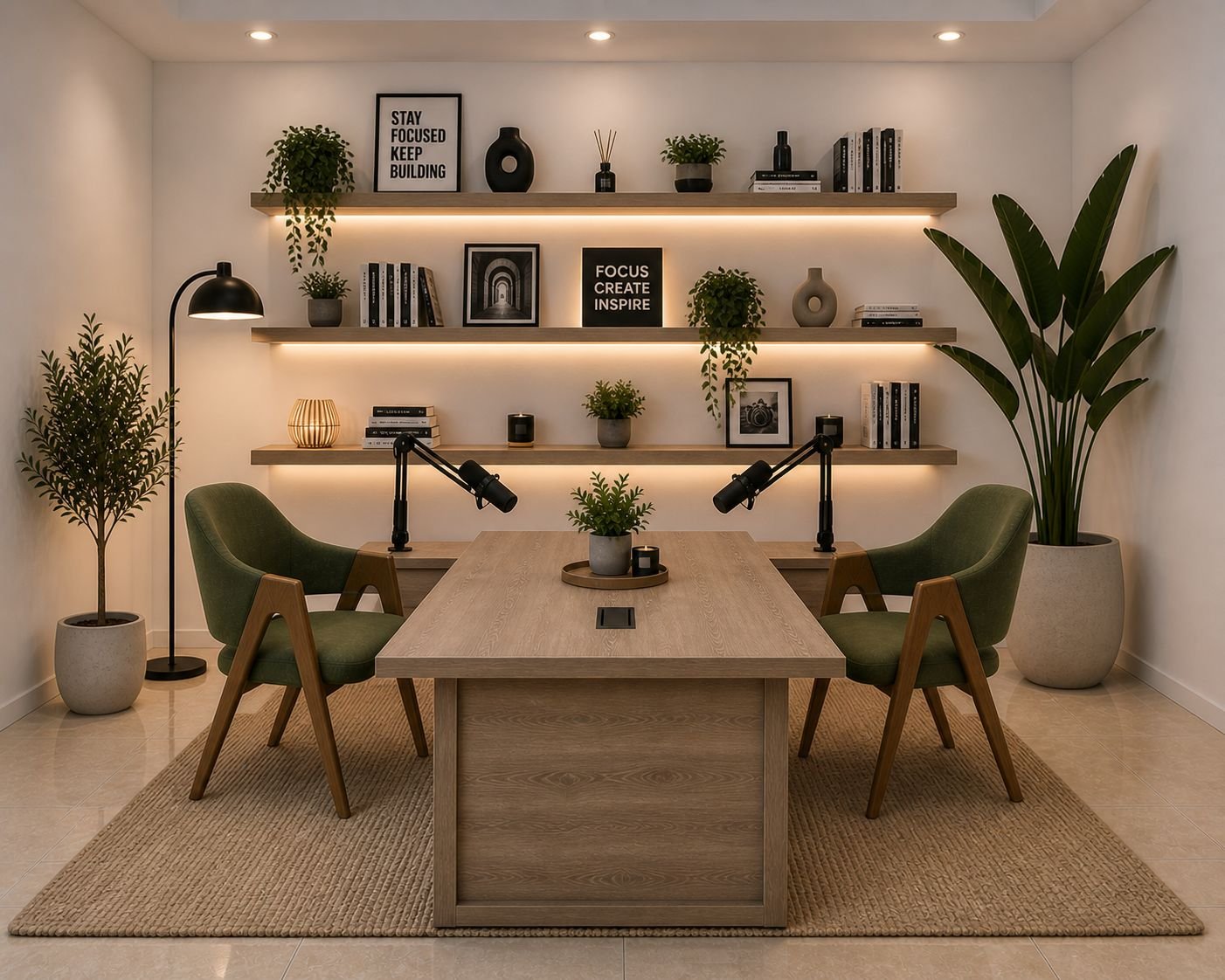 Setup podcast studio avec ambiance premium